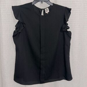 Anne Klein L Black Pleated Front Round Neck Back Button Ruffle Sleeve Top